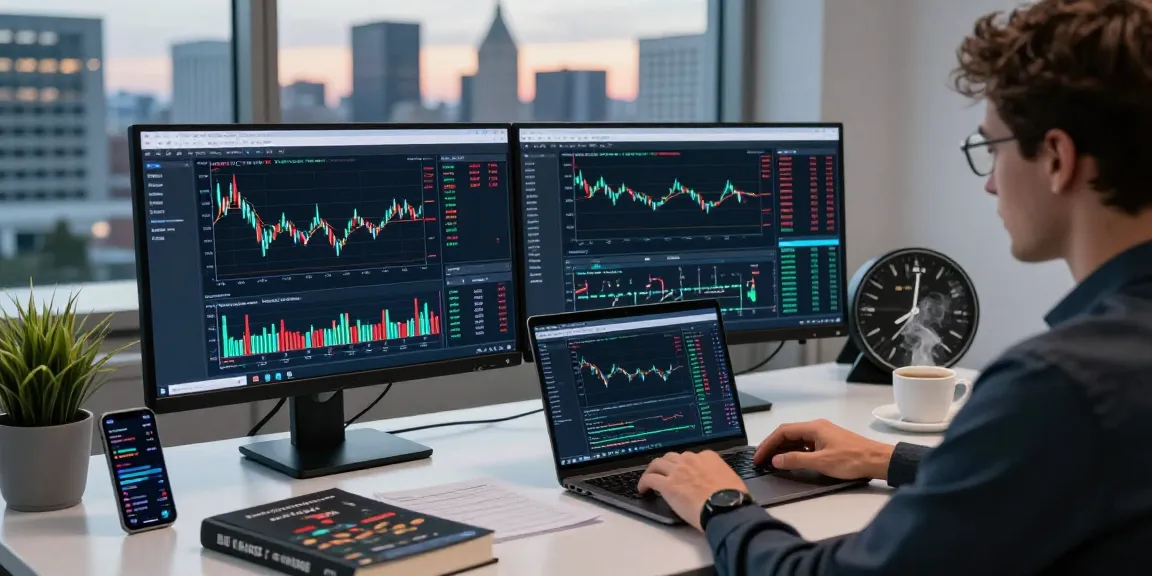 Trader using Metatrader VPS in a modern workspace with dual monitors and city skyline.