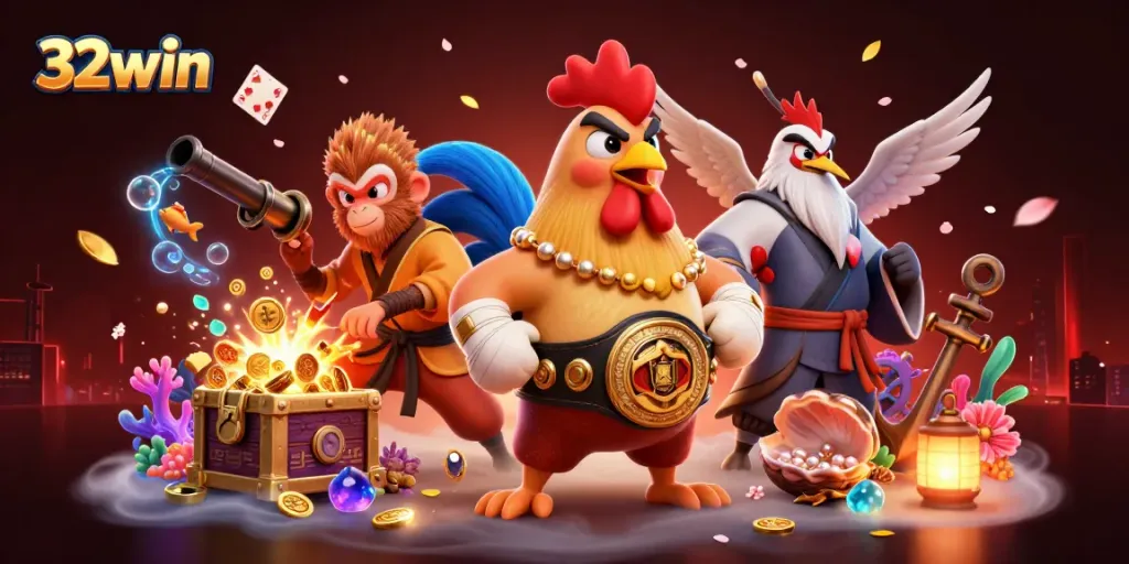 Play exciting games at 32win with animated creatures and vibrant casino elements creating a lively scene.