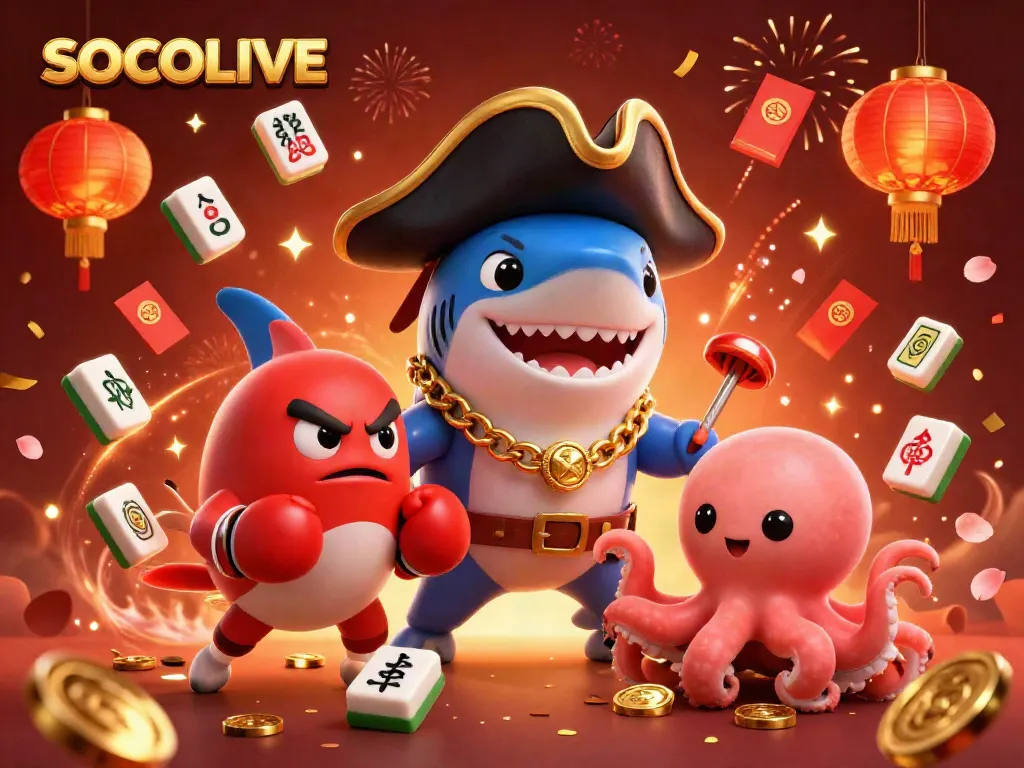 SOCOLIVE platform showcasing vibrant characters in a 3D casino-themed celebration scene with festive elements.