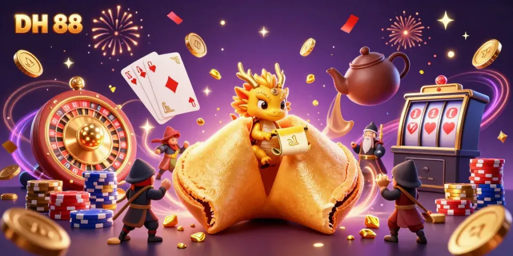Engaging gamblers with the DH 88 logo amidst a rich illustration of fortune cookie adventures with dragons and warriors in a festive casino.