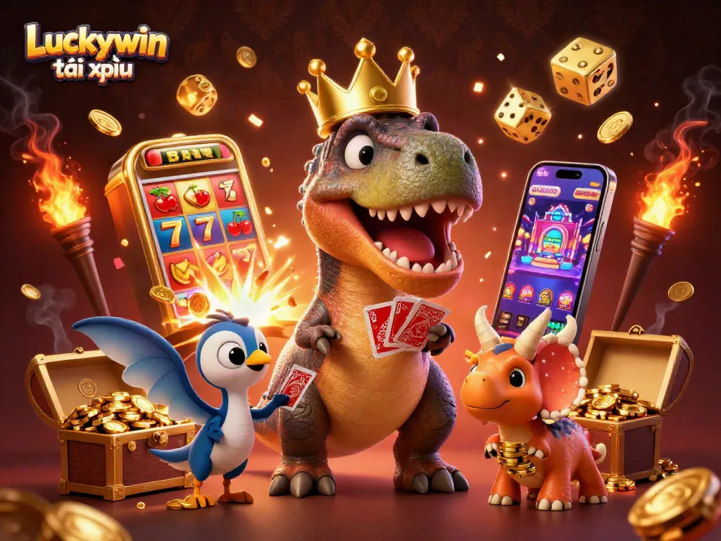Experience the excitement of Luckywin tài xỉu in this vibrant 3D casino illustration with colorful characters and games.