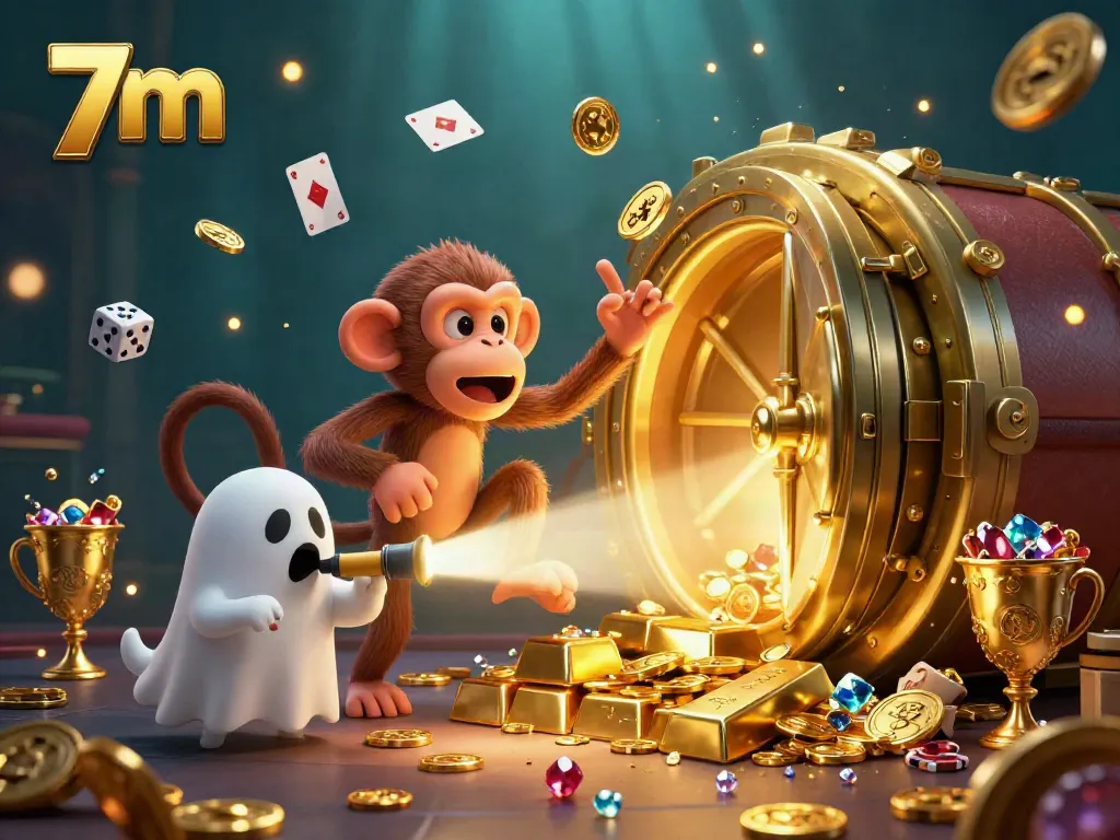 Capture the excitement of 7m gaming with a mischievous ghostly monkey juggling golden casino treasures.