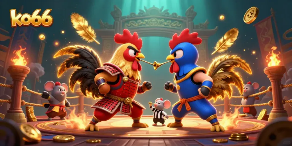 Engage in the excitement of ko66 with twin fighting roosters in a vibrant casino scene