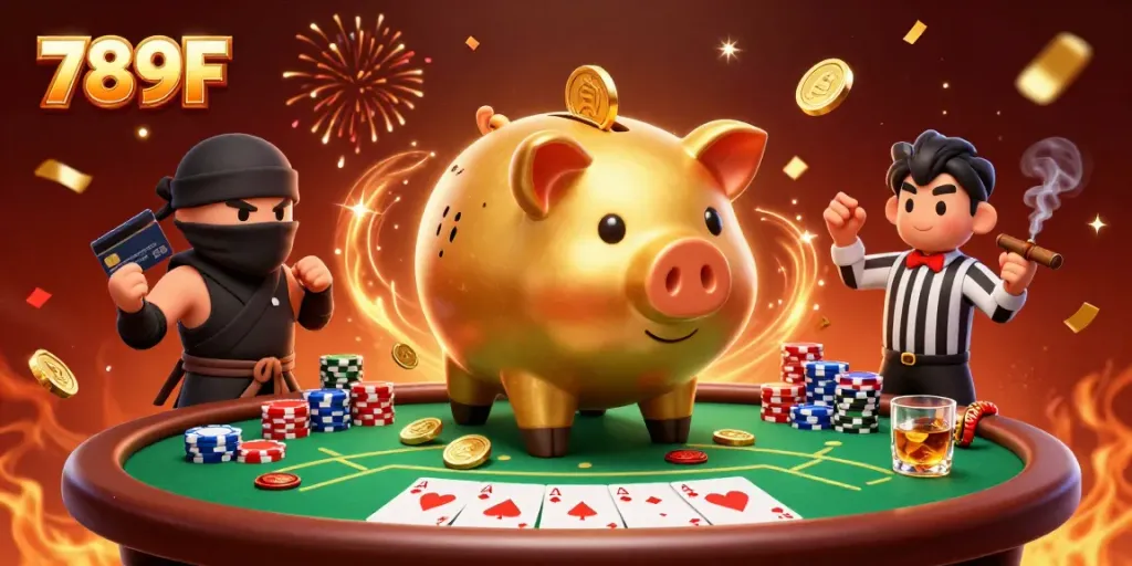 Experience the vibrant action at 789F with a golden sumo wrestler, ninja, and samurai in a dynamic poker showdown.