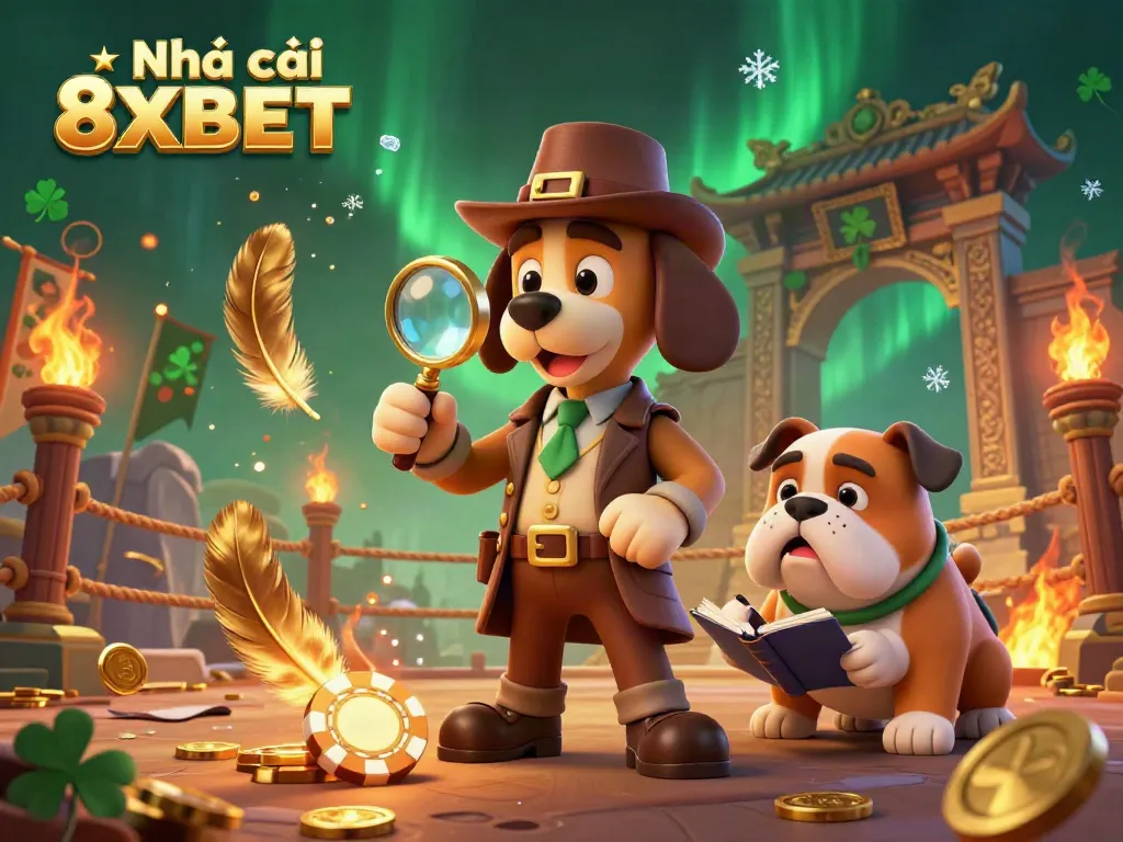 Engage the excitement of betting at Nhà cái 8XBET with an adventurous illustration of a detective in pursuit of treasure.