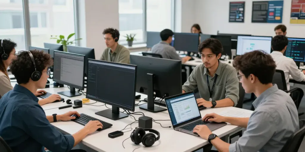 Team collaboration at https://jago108.com/ tech support office, showcasing professionals engaging in problem-solving.