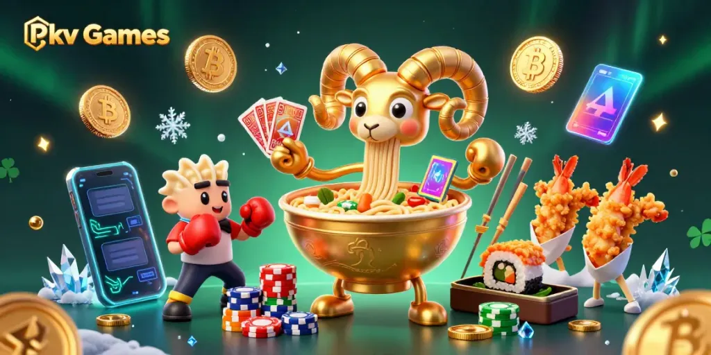 Join the action with Pkv Games featuring a vibrant casino scene with animated characters and crypto elements.