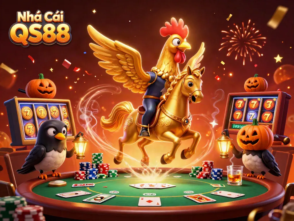 Engaging scene featuring Nhà Cái QS88 with golden rooster and casino elements, showcasing excitement.