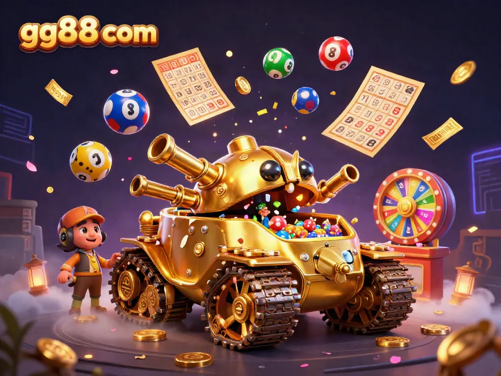 Spin and win at gg88 com with an exciting illustration featuring a lavish golden beetle casino tank bursting with lottery balls and prizes.