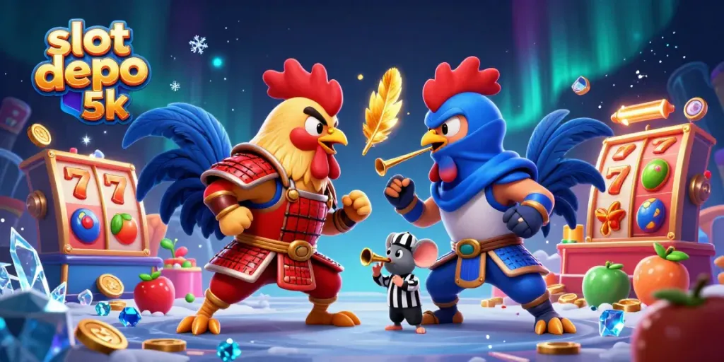 Experience slot depo 5k action with cartoon roosters in a thrilling match surrounded by vibrant casino elements.