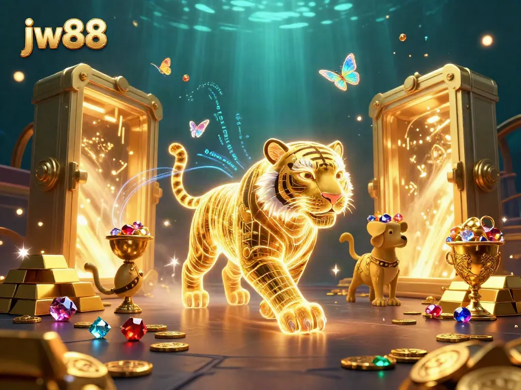 Experience thrilling gameplay at jw88 with dynamic casino scenes featuring a glowing golden tiger and treasure.