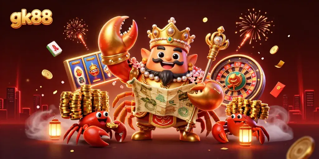 Experience thrilling gk88 gameplay with a golden crab emperor surrounded by enchanting casino elements.