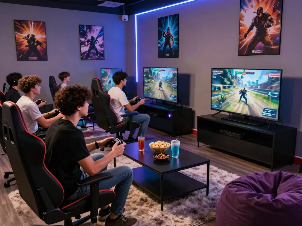 Friends enjoying gaming together in a modern lounge, highlighting rokok88's community spirit.