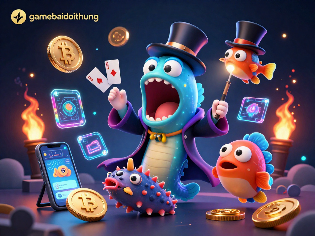 Experience thrilling gamebaidoithuong adventures with casino-themed characters performing magic tricks.