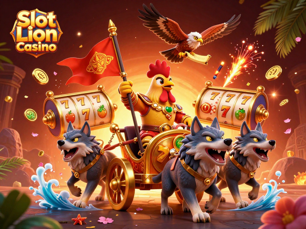 Experience thrilling wins at Slot Lion Casino with a 3D rooster warlord and golden war chariot illustration.