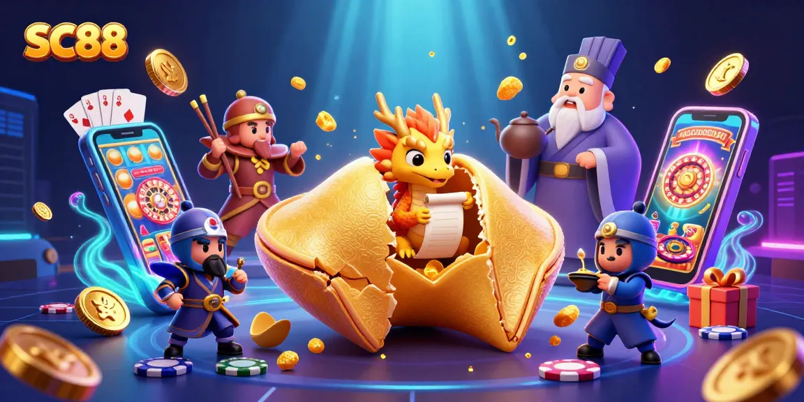 Experience the vibrant gaming atmosphere of SC88 with a dynamic 3D illustration of a fortune cookie and casino elements.