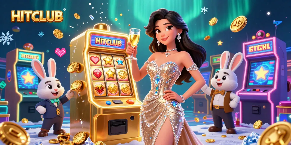 Engage with HITCLUB as a glamorous woman celebrates beside a jackpot slot machine.