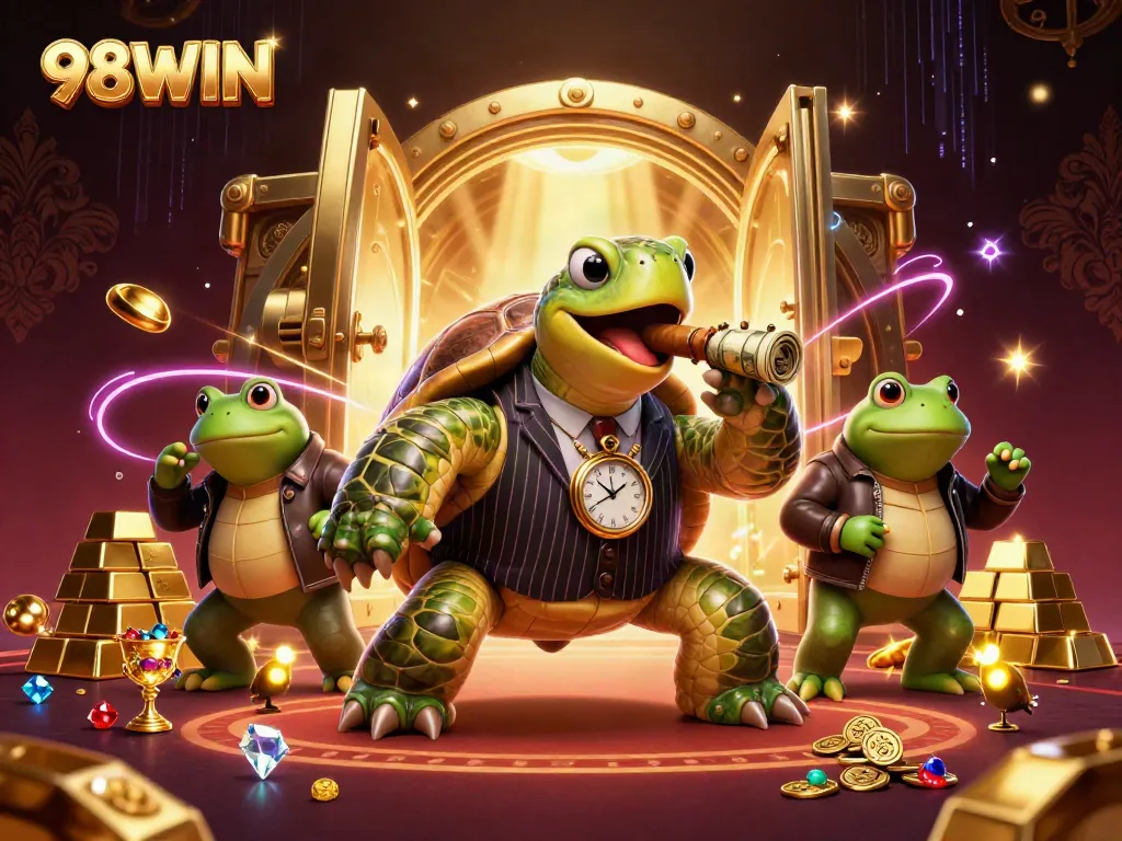 Join the action at 98WIN with a lively casino scene featuring a mobster turtle and his bullfrog enforcers.
