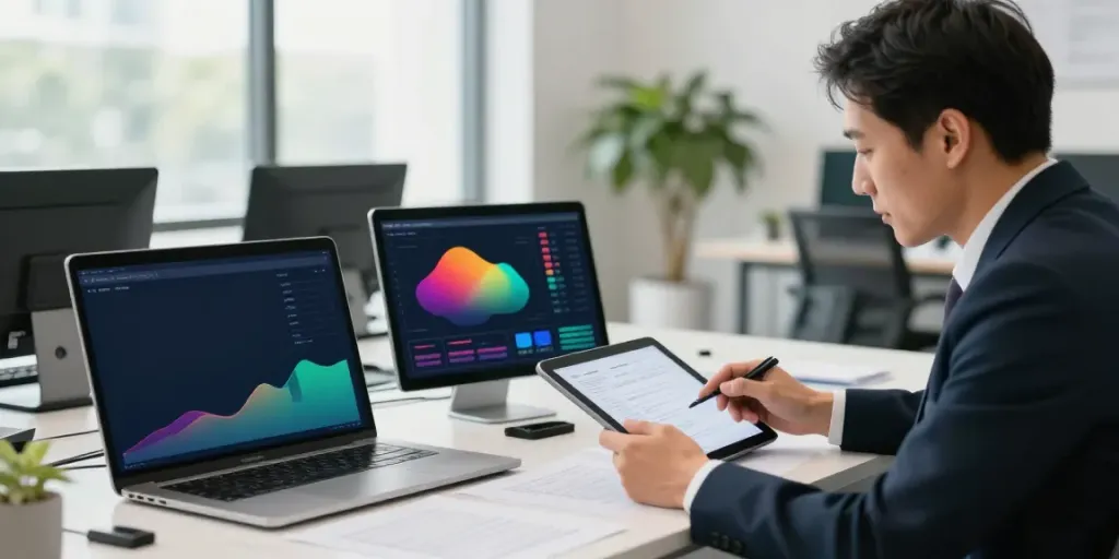 Consultant reviewing financial reports using bpinetempresas in a modern banking office.