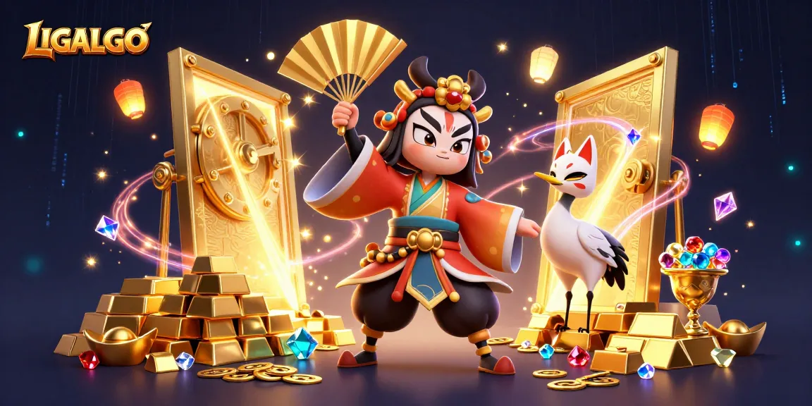 Experience LIGALGO's vibrant gaming adventure with a cartoon kabuki warrior amidst gold treasures.