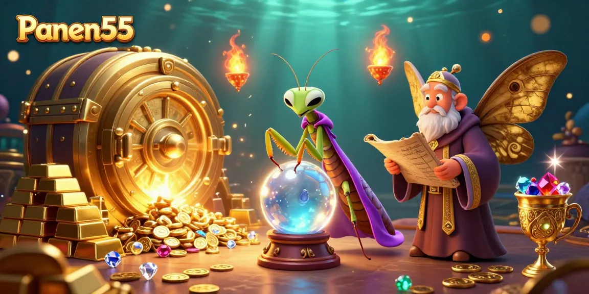 Explore exciting gambling strategies with Panen55 in a rich, mystical casino world illustration.
