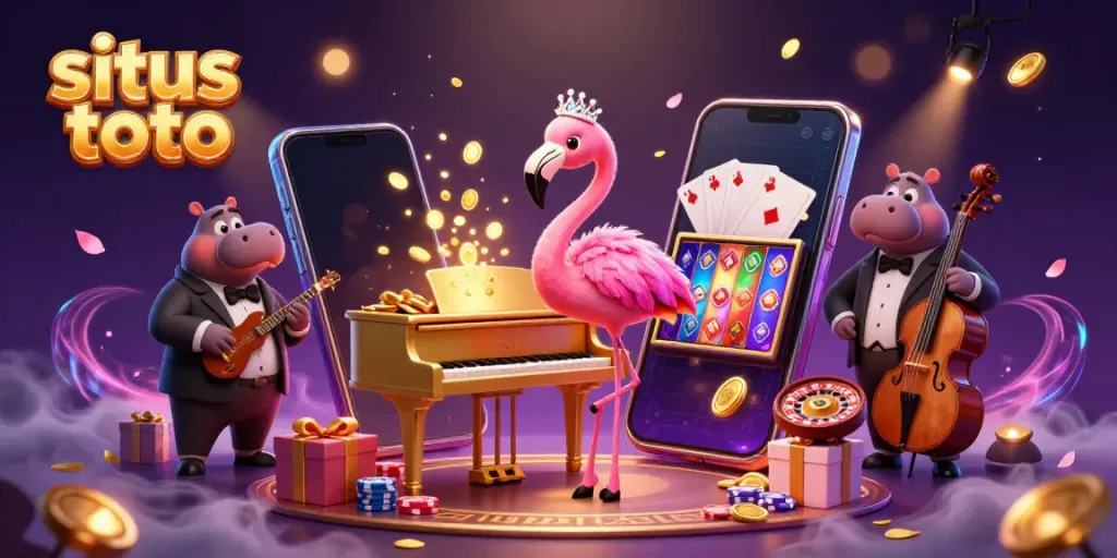 Experience top-notch gaming action at situs toto with vibrant cartoon characters and casino-themed elements.
