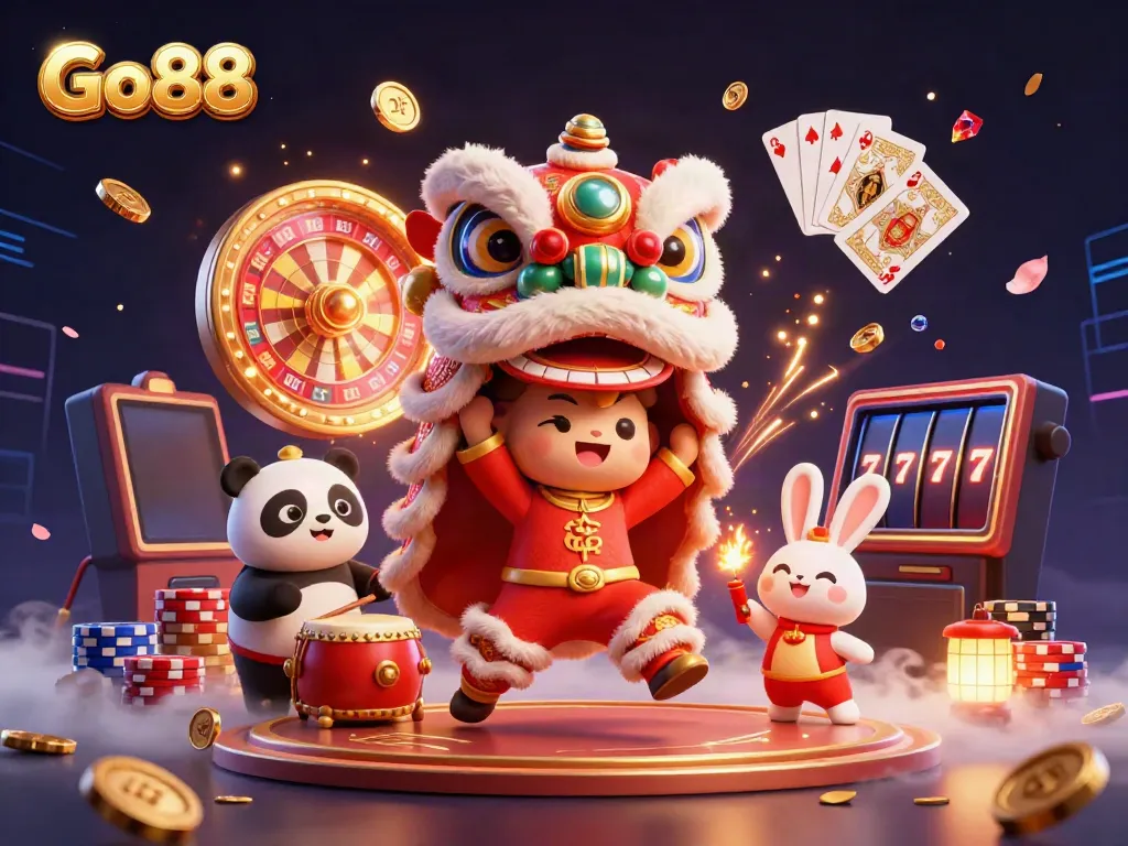 Experience the excitement of Go88 with vibrant characters, casino games, and festive decorations.