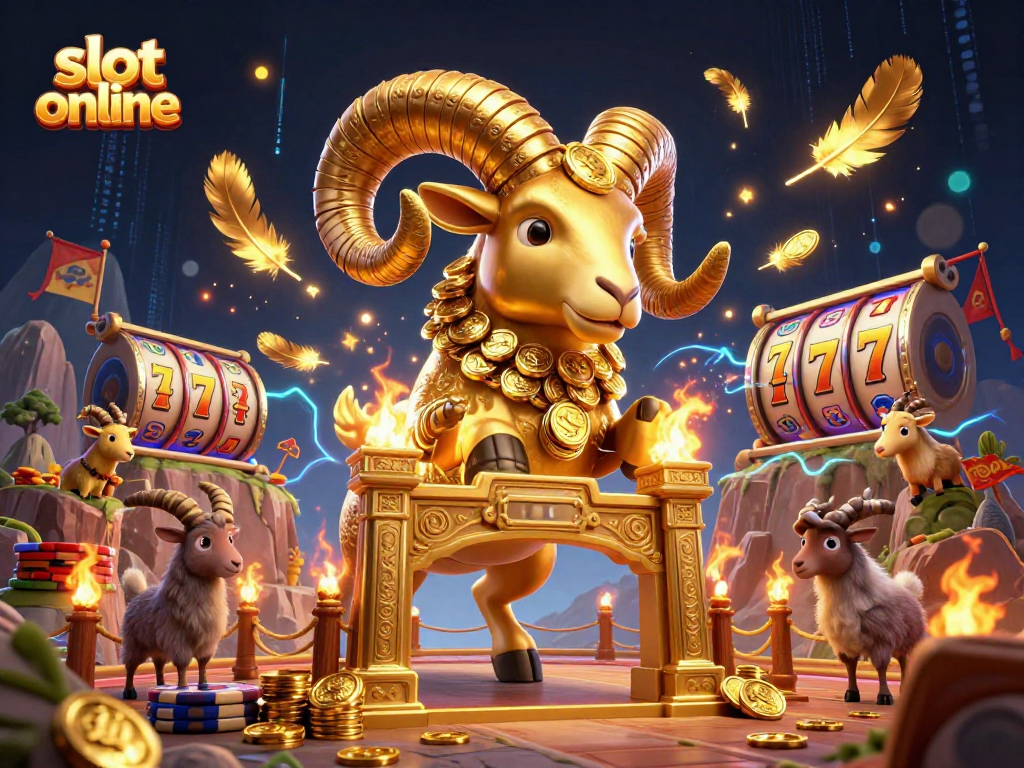 Experience thrilling slot online action with a dynamic 3D ram charging through a golden gate.