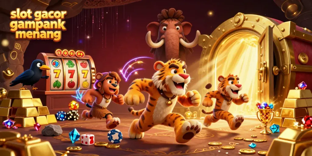 Menggenggam fitur slot gacor gampang menang, karakter kasino prasejarah dengan elemen permainan mengilap dan patung kemenangan.