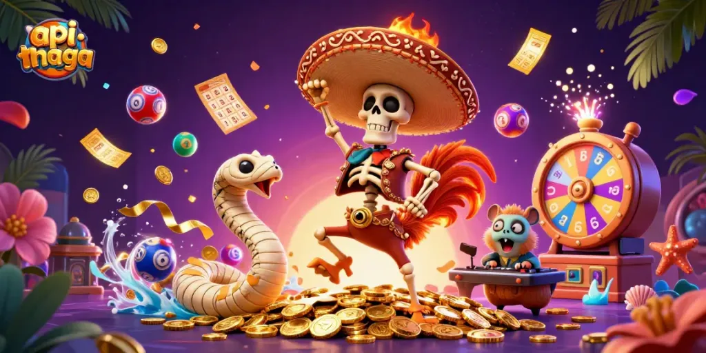 Win big at apinaga with a festive 3D casino illustration filled with animated characters and exciting game elements.