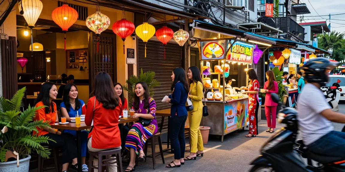 Gái gọi tại quán cà phê sôi động ở thành phố Việt Nam, ánh đèn neon rực rỡ.