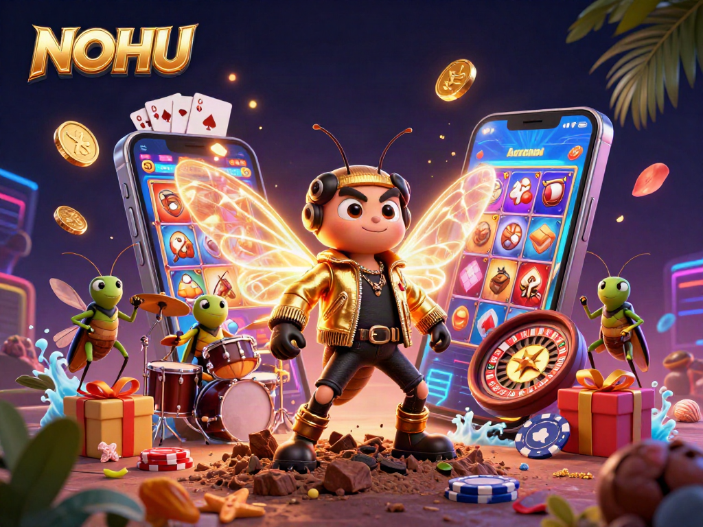 Spin and win with NOHU: a vibrant 3D cartoon scene full of dynamic casino elements.