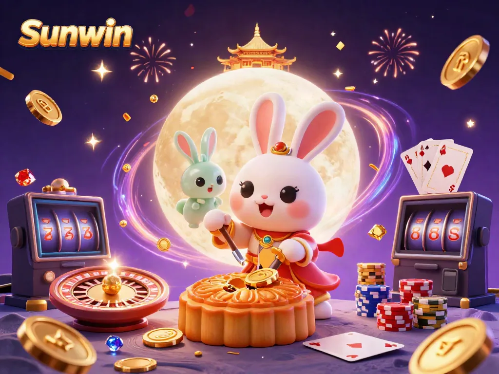 Experience the excitement of Sunwin with a moon rabbit unveiling poker chips while surrounded by casino elements.