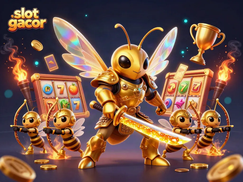 Engaging scene of slot gacor with a warrior hornet and bee archers amidst dynamic slot machines and golden prizes.