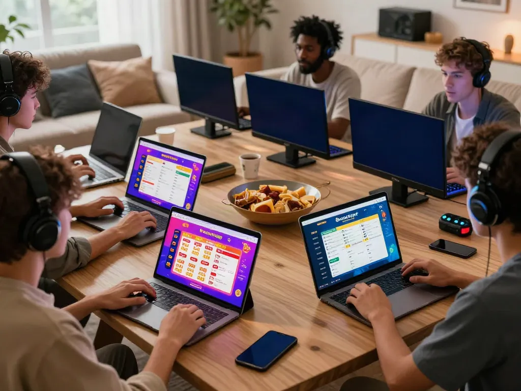Engaged players exploring Daftar Dewatogel on devices in a cozy gaming setup, showcasing excitement and modern lottery interface.