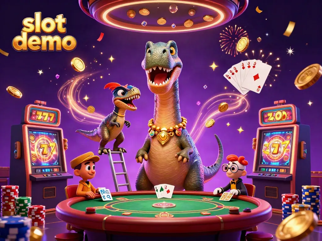 Engaging slot demo scene featuring a brontosaurus, raptor, and casino elements.