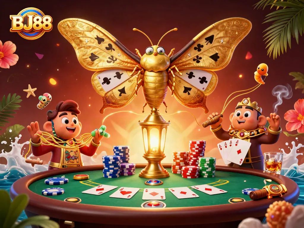 BJ88 players enjoying vibrant casino scenes with a moth and poker elements in a rich, 3D illustration.