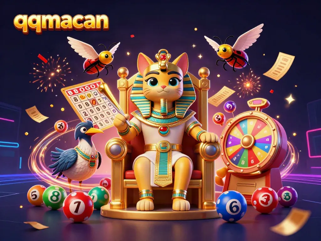 Participate in thrilling games with qqmacan as the Egyptian pharaoh cat and ibis scribe celebrate with lottery balls and vibrant elements.