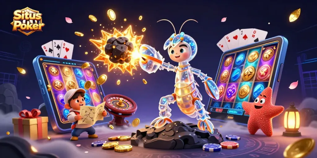 Situs IDN Poker showcases a galactic samurai mantis shrimp with vibrant casino elements, embodying thrilling gameplay.