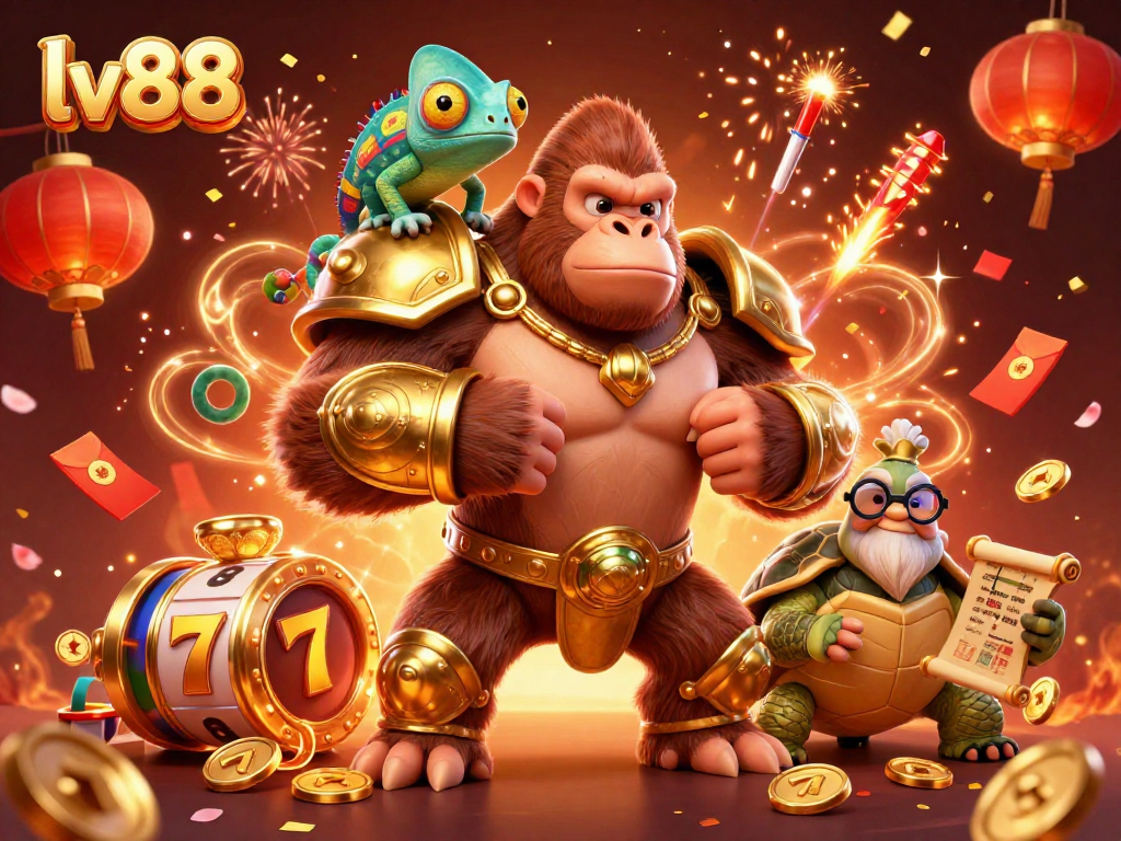 Spin to win at lv88 with a dynamic scene featuring a mighty gorilla king, chameleon spy, and tortoise elder amidst vibrant casino elements.