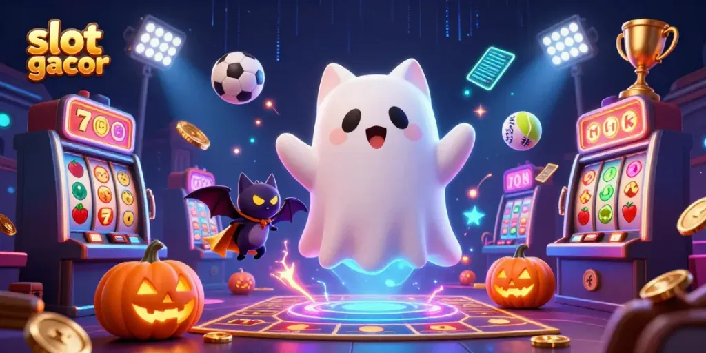 Gambar slot gacor menampilkan kucing hantu dan kelelawar di kasino yang menakutkan.