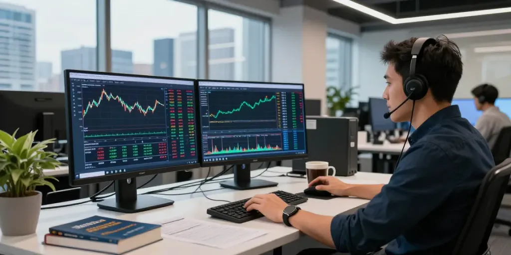Trader using Metatrader VPS at a modern workstation, monitoring live forex charts on multiple screens with urban skyline view.