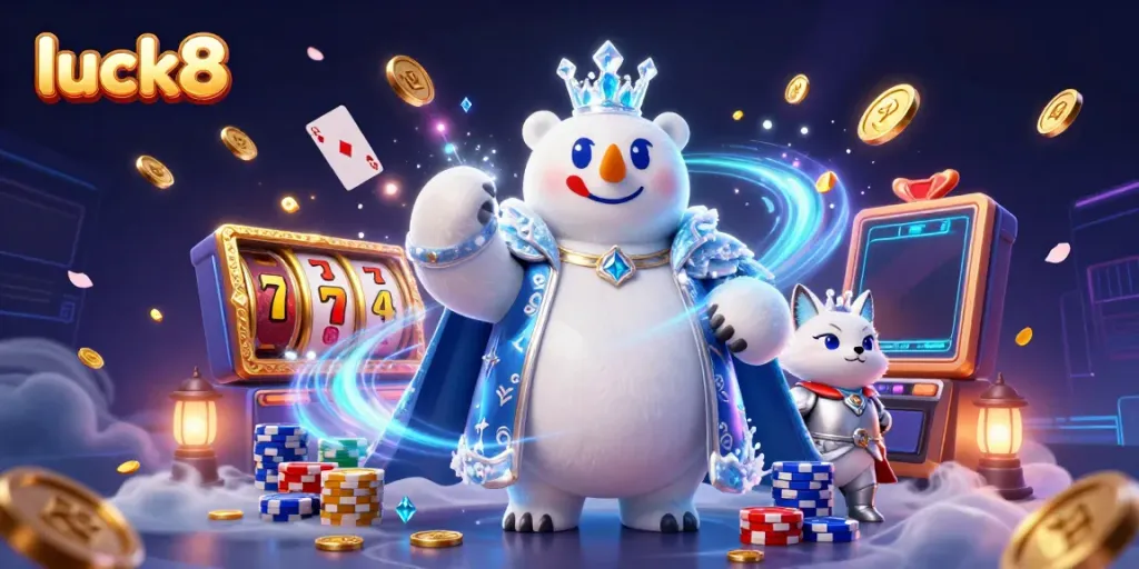 Embrace the excitement of luck8 with colorful coins, dynamic slot reels, and characters in a vibrant casino scene.