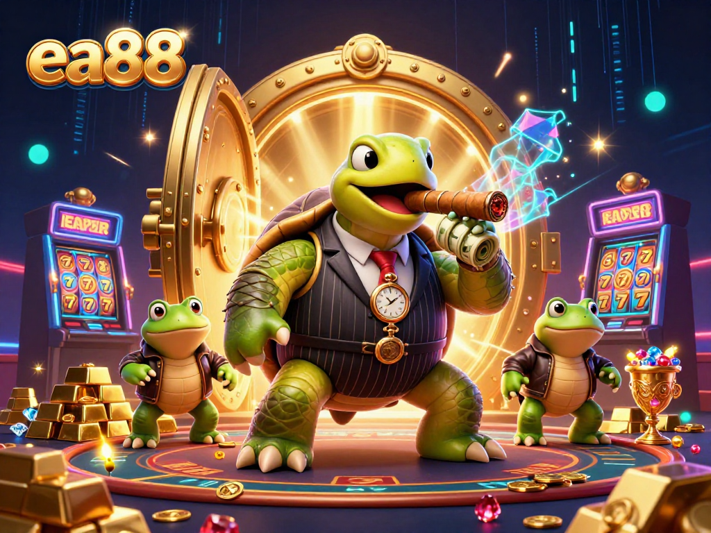 ea88 casino scene featuring a snapping turtle mobster and bullfrogs, dynamic animations, vibrant colors