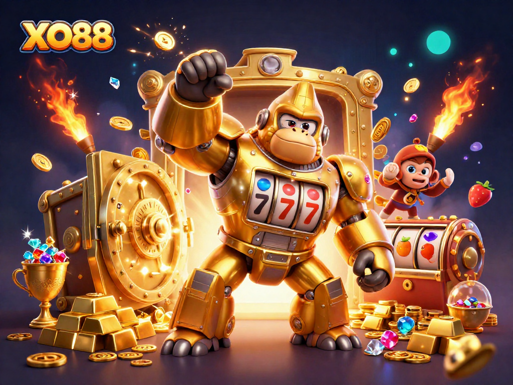 Experience excitement with XO88’s dynamic 3D illustration featuring a golden gorilla mech amidst treasure