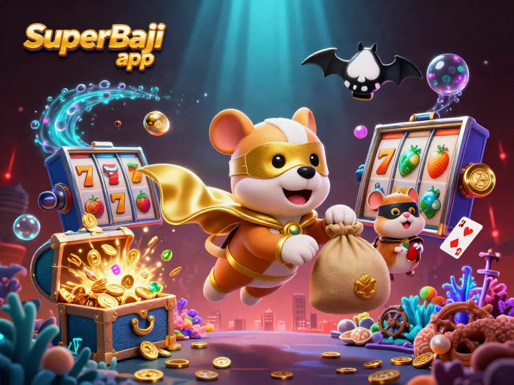 Bet on fun with the SuperBaji app: hero dog and hamster in a vibrant casino scene