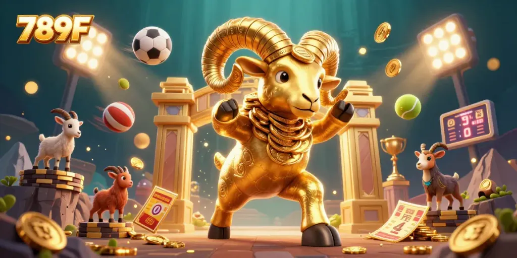 Engage in thrilling casino games with 789F, featuring a golden ram charging through dynamic sports elements.