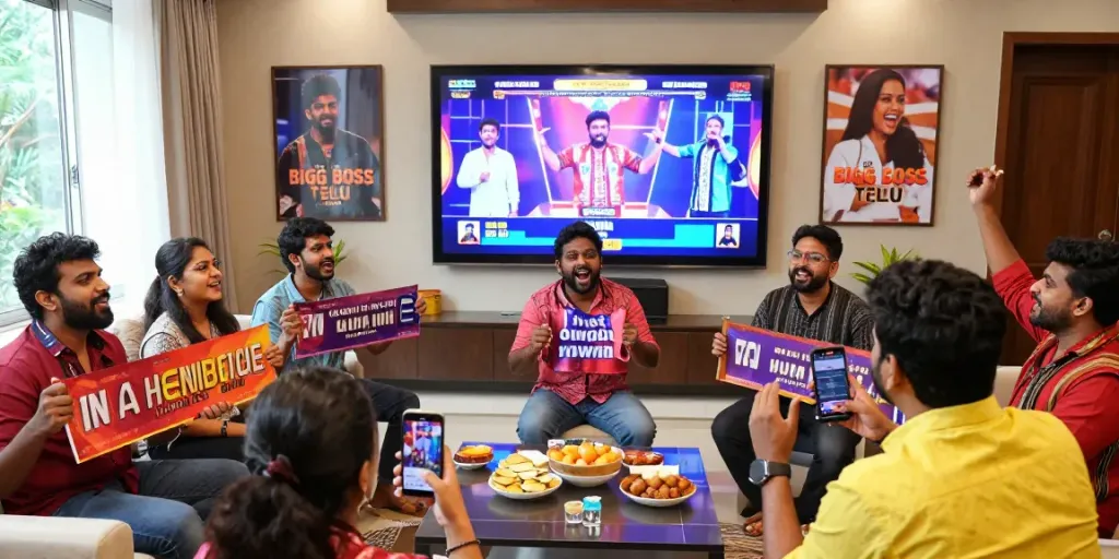 Bigg Boss Telugu voting today scene with enthusiastic fans engaging in live voting