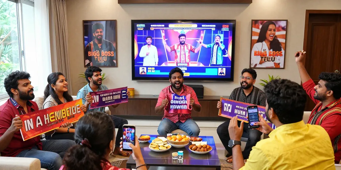 Bigg Boss Telugu voting today scene with enthusiastic fans engaging in live voting