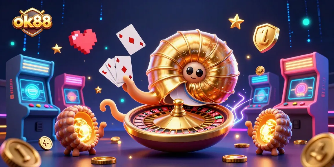Play casino games with ok88 amidst vibrant 3D illustrated characters and glowing machines.